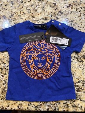 Versace Royal Blue Kids Tee with Orange Medusa Motif